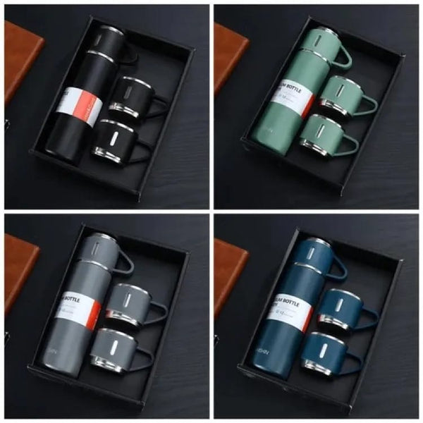 New Shape Vacuum Flask Bottle with 3 Cups and Gift Box