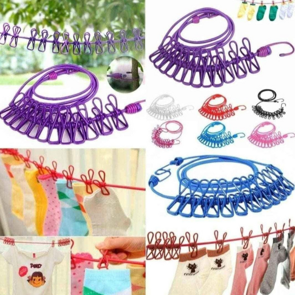 Portable Clothing Clothesline with 12 Clips Retractable Laundry Dryer Clothes Rope Drying Rack Cloth Hanging Line For Outdoor