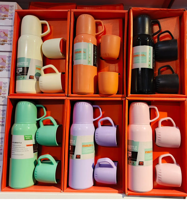 New Shape Vacuum Flask Bottle with 3 Cups and Gift Box